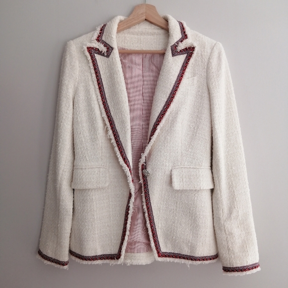 Veronica Beard Raw Edge Cutaway White Tweed Dickey Blazer with Red Trim 0 - Picture 6 of 17